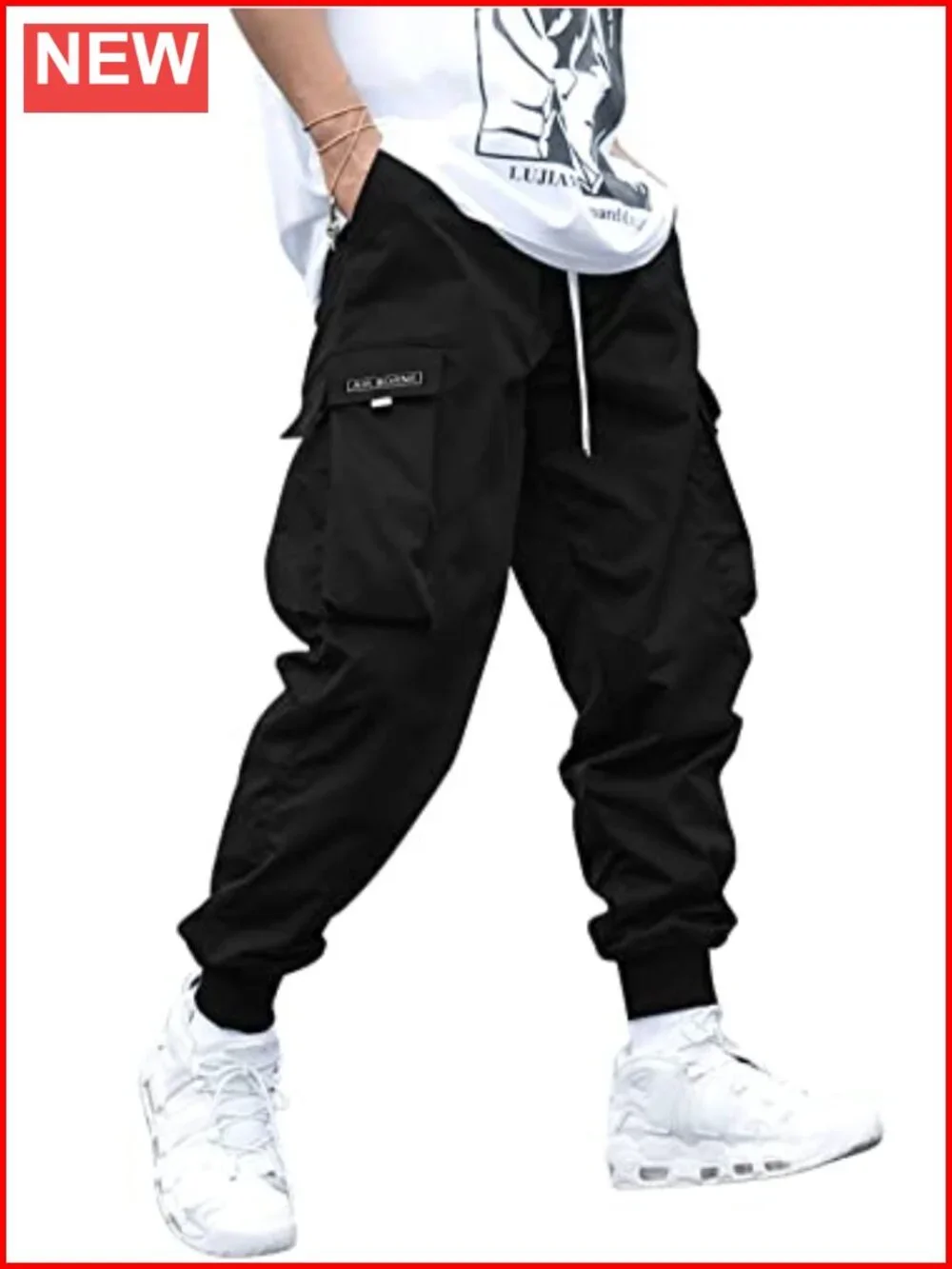 Men's Casual Drawstring Elastic Waist Flap Pocket Jogger Cargo Pants
